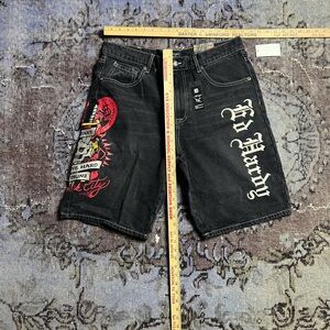 Ed Hardy 34” Black and Red Graphic Jean Shorts